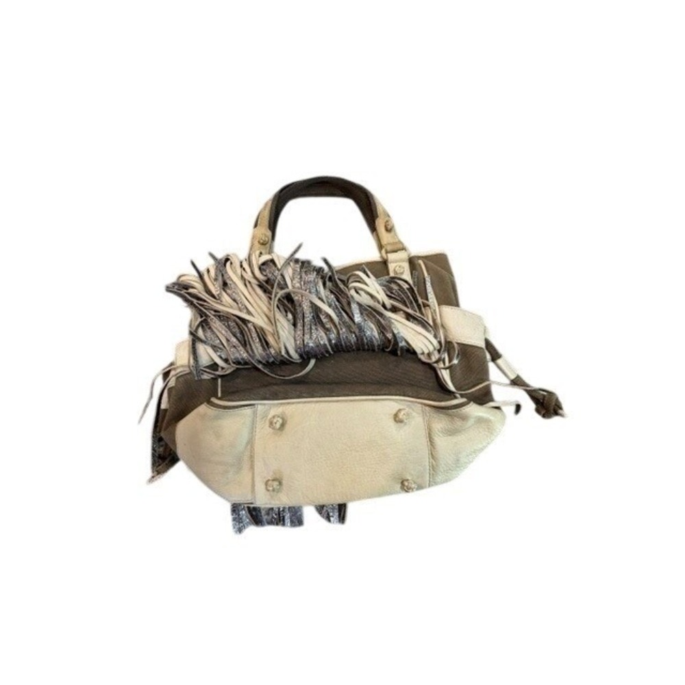 Katherine Kwei Olive Canvas‎ Leather Fringe Tote Bag Boho Knotted Shoulder Purse - Picture 5 of 10